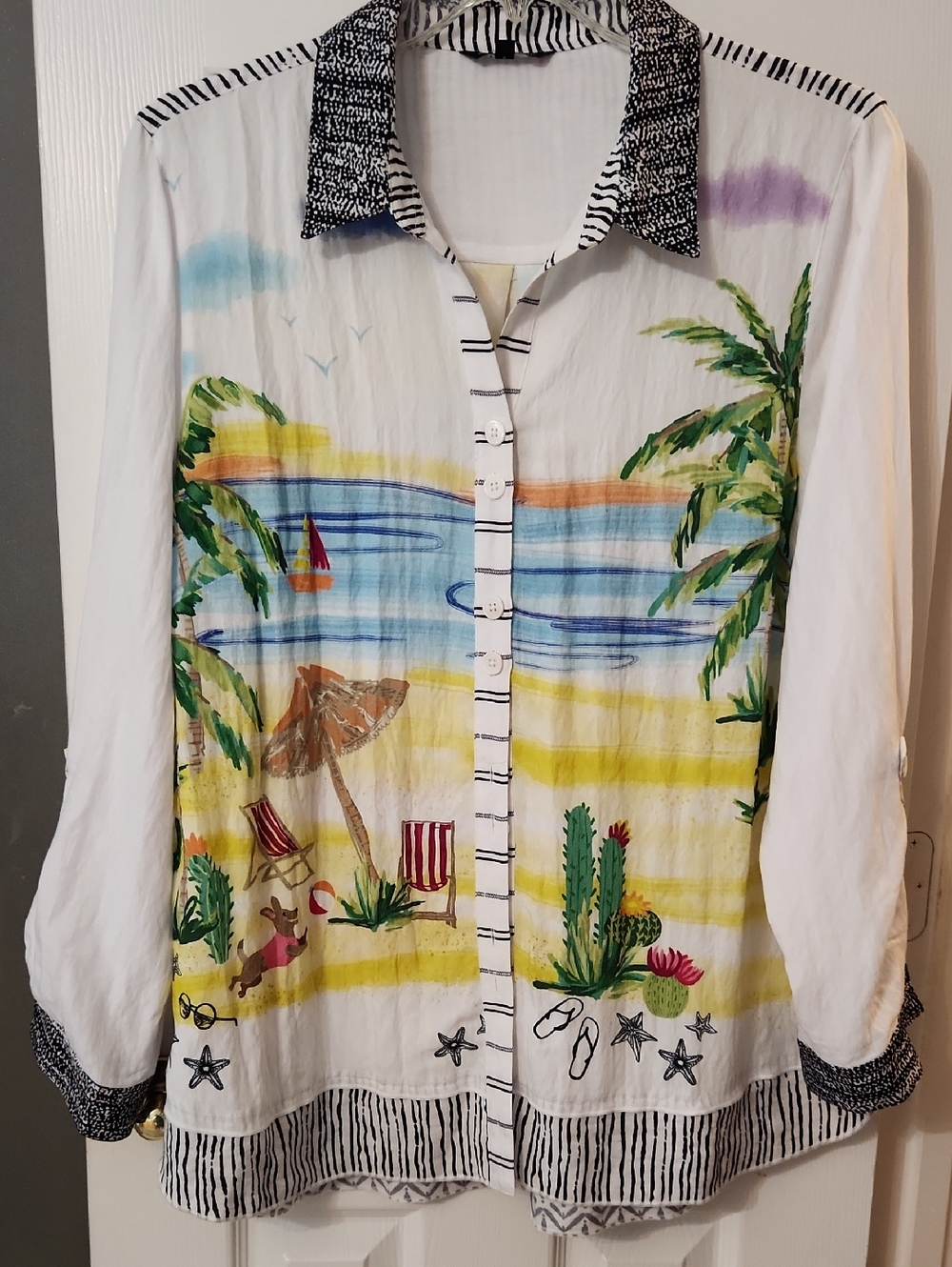 Tropical Beach Print Button-Up Shirt - White with Multicolor Scene